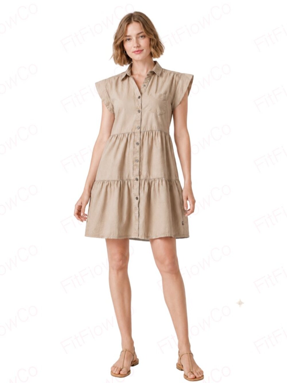Tommy Hilfiger Khaki Cotton Tiered Button Front Shirt Dress Size 2.